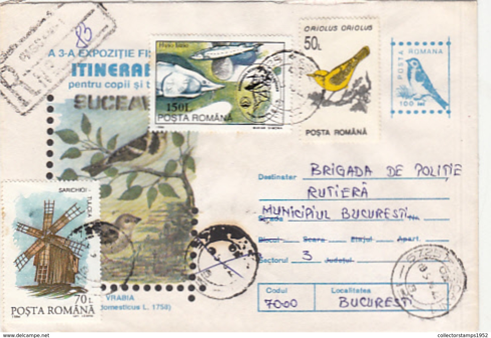 76795- HOUSE SPARROW, BIRDS, REGISTERED COVER STATIONERY, WINDMILL, FISH, BIRD STAMP, 1996, ROMANIA - Moineaux