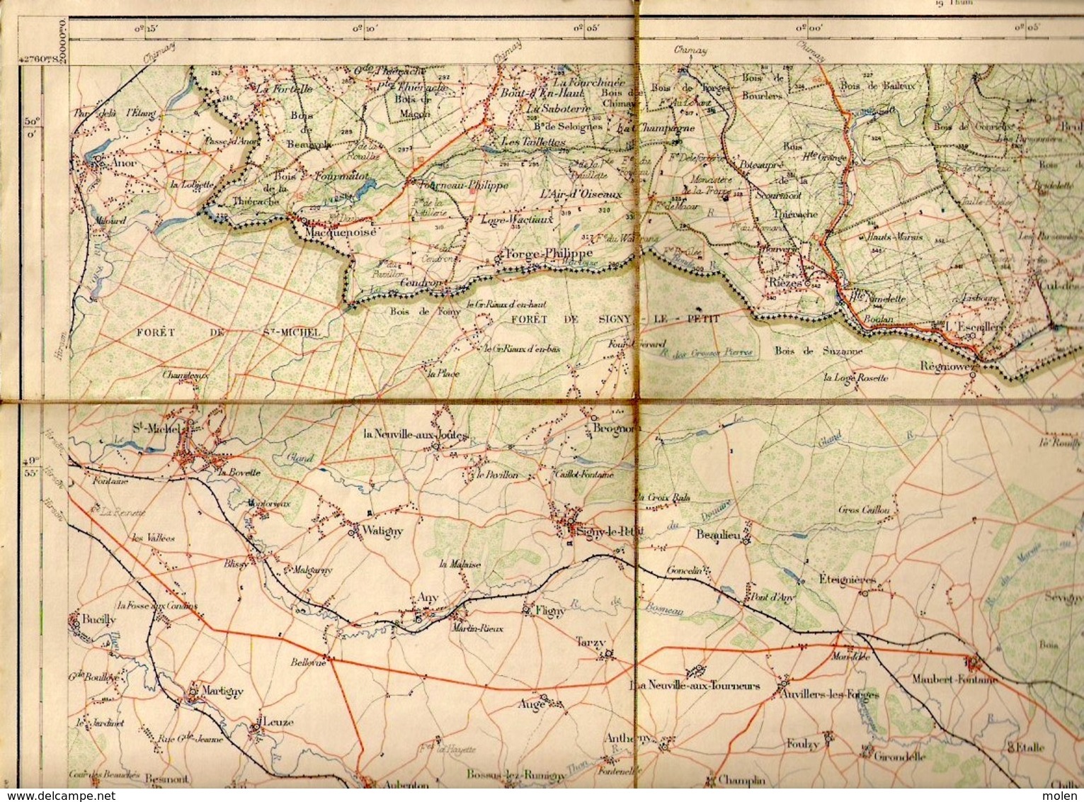 Ca1880 CARTE D ETAT MAJOR SUR TOILE XXII CUL-DES-SARTS COUVIN BRULY ROCROI ANOR FUMAY CHARLEVILLE-MEZIERES DOMMERY S894 - Andere & Zonder Classificatie