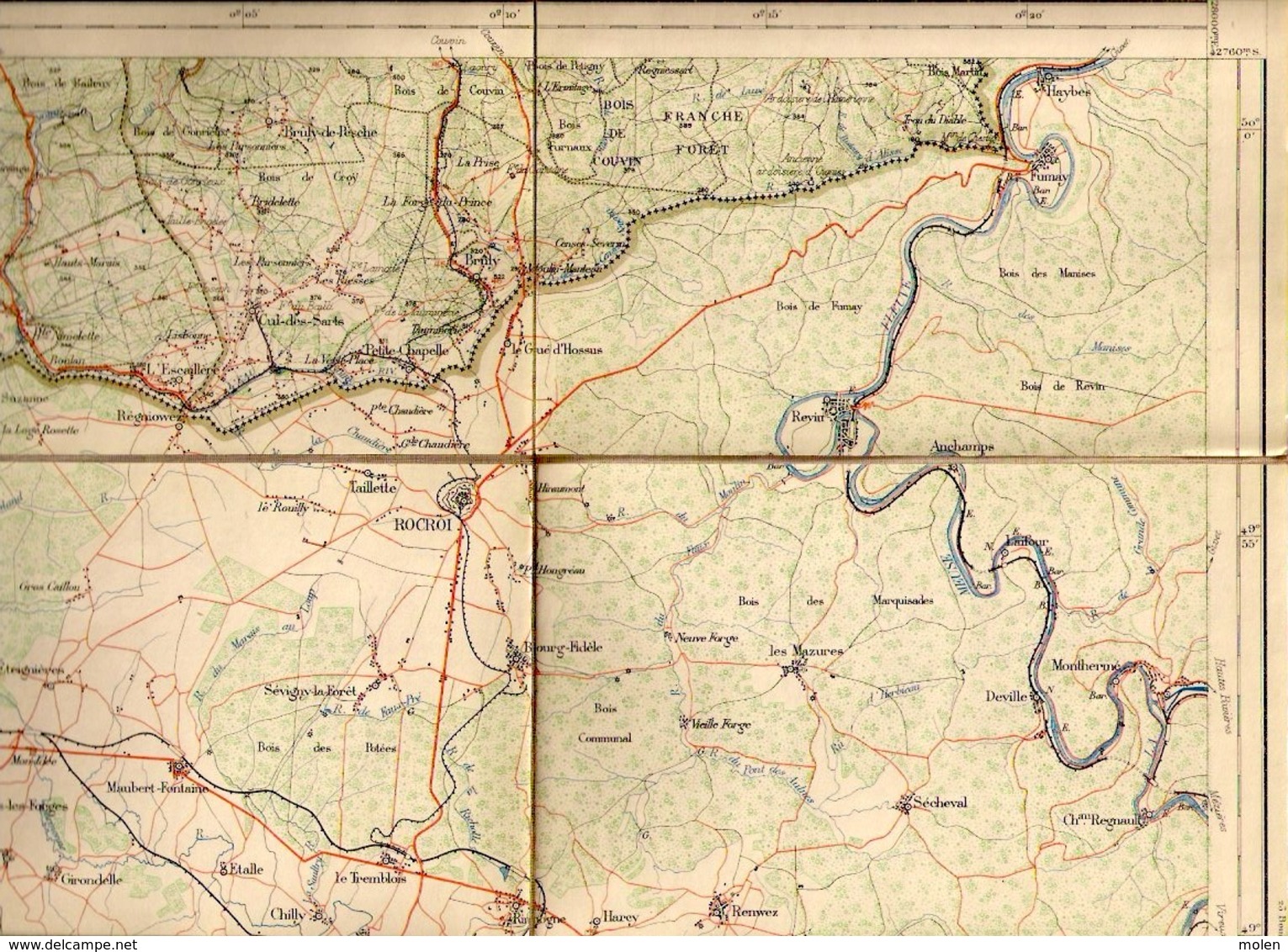 Ca1880 CARTE D ETAT MAJOR SUR TOILE XXII CUL-DES-SARTS COUVIN BRULY ROCROI ANOR FUMAY CHARLEVILLE-MEZIERES DOMMERY S894 - Andere & Zonder Classificatie