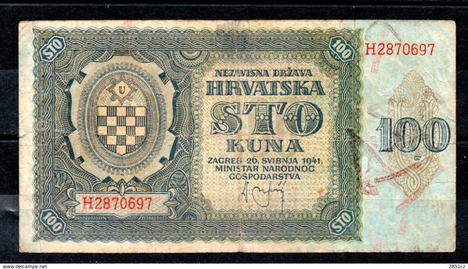 Banknotes - 100 Kuna, 1941., NDH ( Independent State Of Croatia) No. H2870697 - Croazia