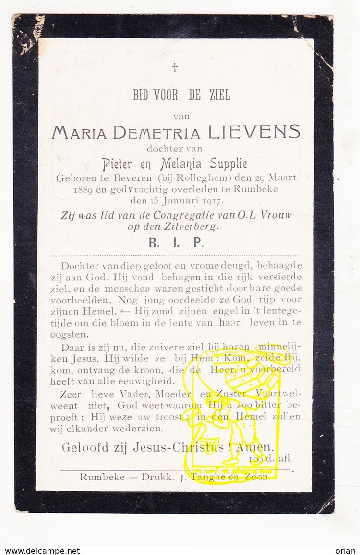 DP Maria D. Lievens / Supplie Supply ° Beveren Roeselare 1889 † Rumbeke Roeselare 1917 / Rollegem-Kapelle / Zilverberg - Images Religieuses