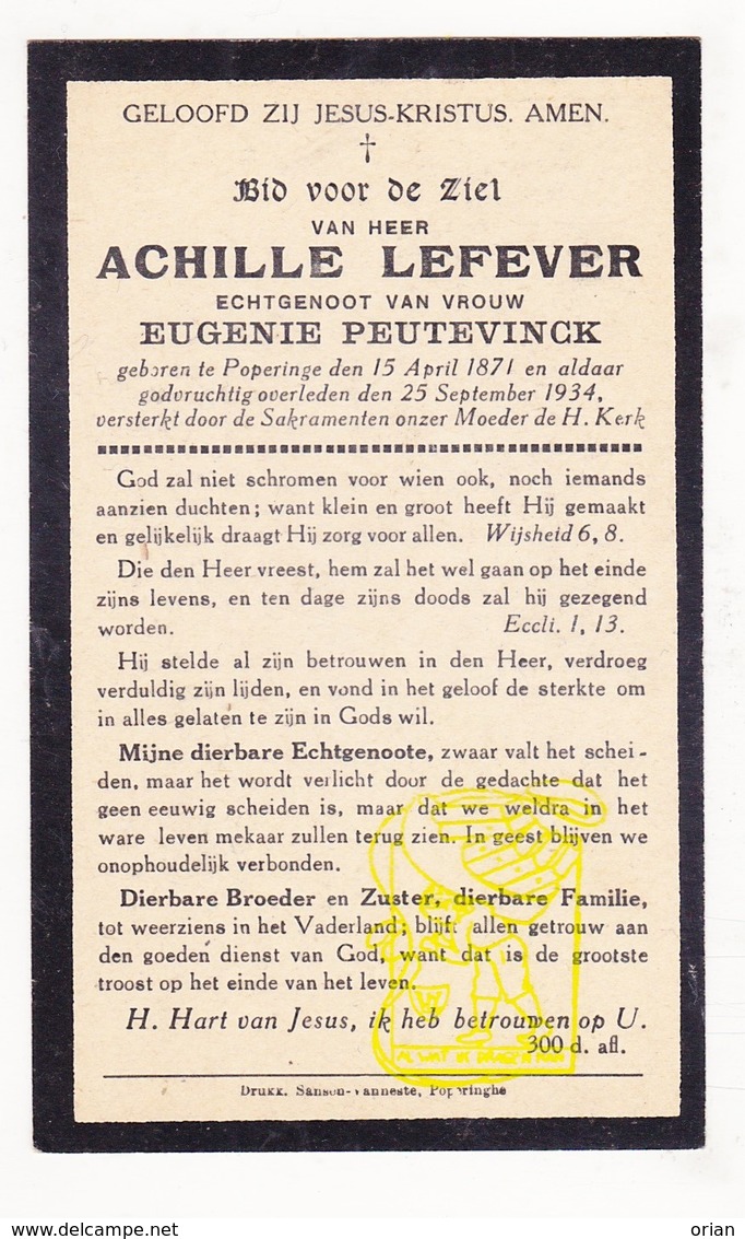 DP Achille Lefever ° Poperinge 1871 † 1934 X Eugenie Peutevinck - Devotion Images