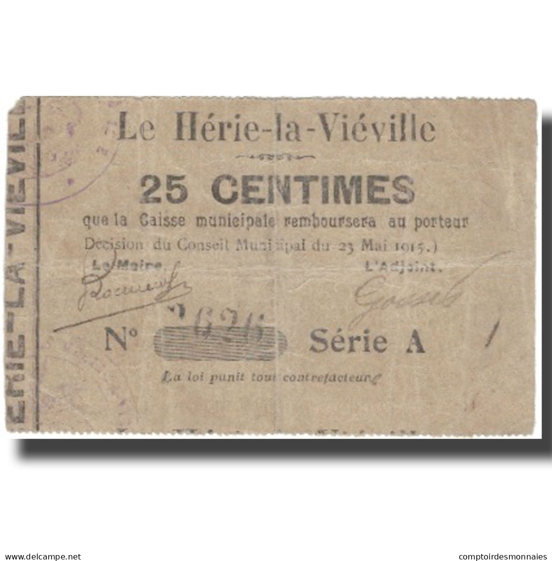 France, LE HÉRIE-LA-VIÉVILLE, 25 Centimes, 1915, TB - Bonos