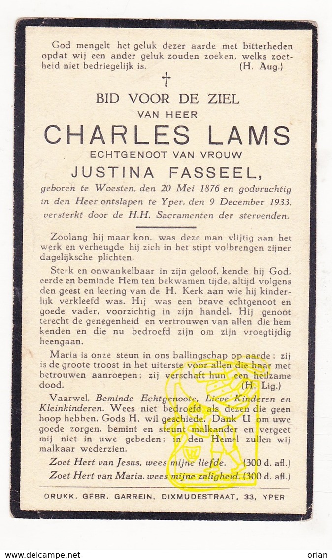 DP Charles Lams ° Woesten Vleteren 1876 † Ieper 1933 X Justina Fasseel - Images Religieuses