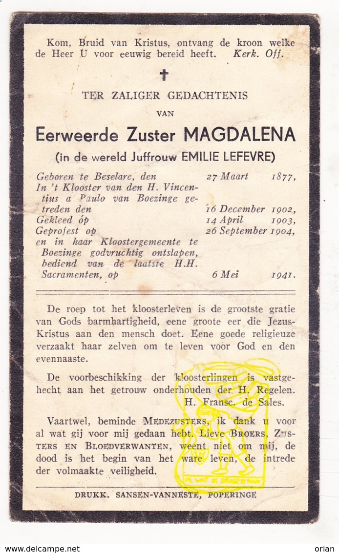 DP EZ Emilie Lefevre - Zr. Magdalena ° Beselare Zonnebeke 1877 † Klooster Boezinge Ieper 1941 - Devotion Images