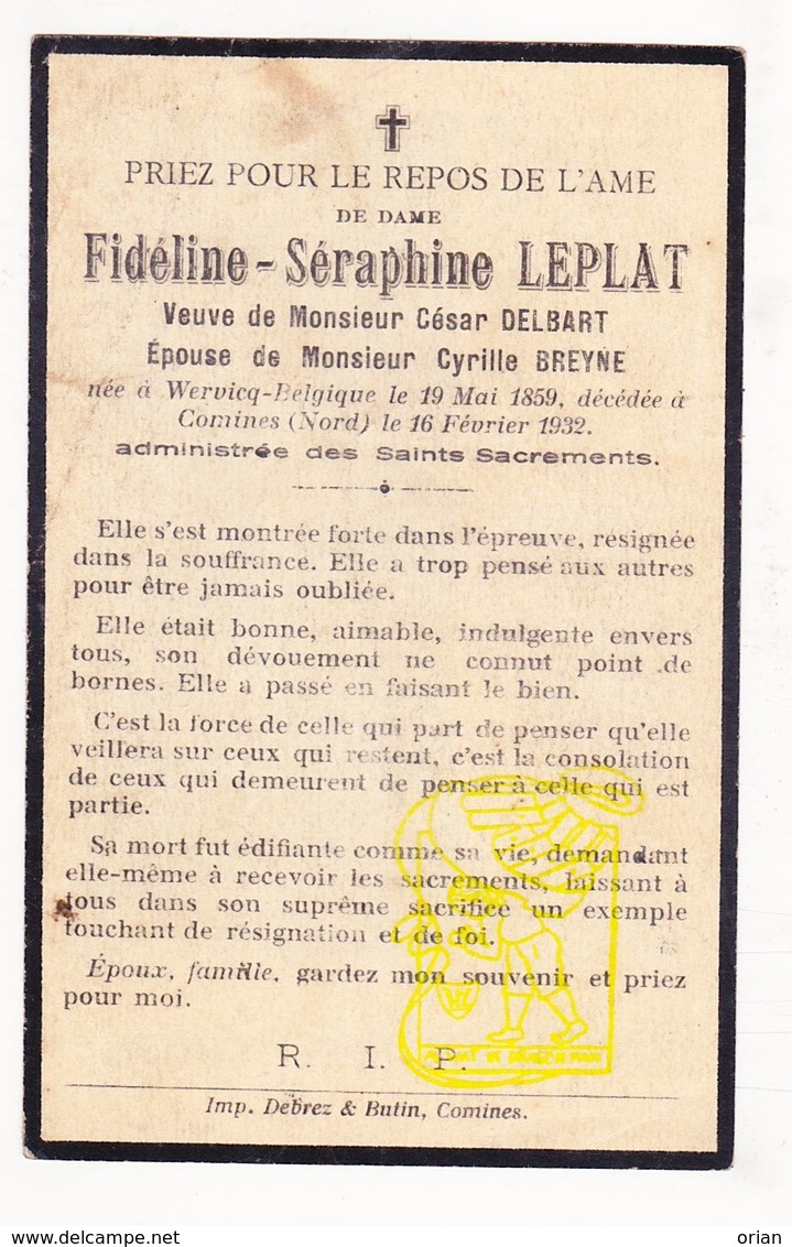 DP Fidéline S. Leplat ° Wervik Wervique BE 1859 † Comines FR Nord 1932 X C. Delbaert Xx C. Breyne - Images Religieuses