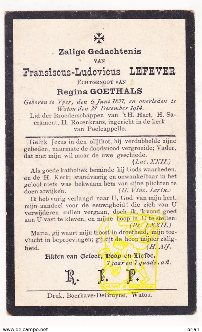 DP Franciscus L. Lefever ° Ieper 1837 † Watou Poperinge 1914 X Regina Goethals / Poelkapelle - Images Religieuses