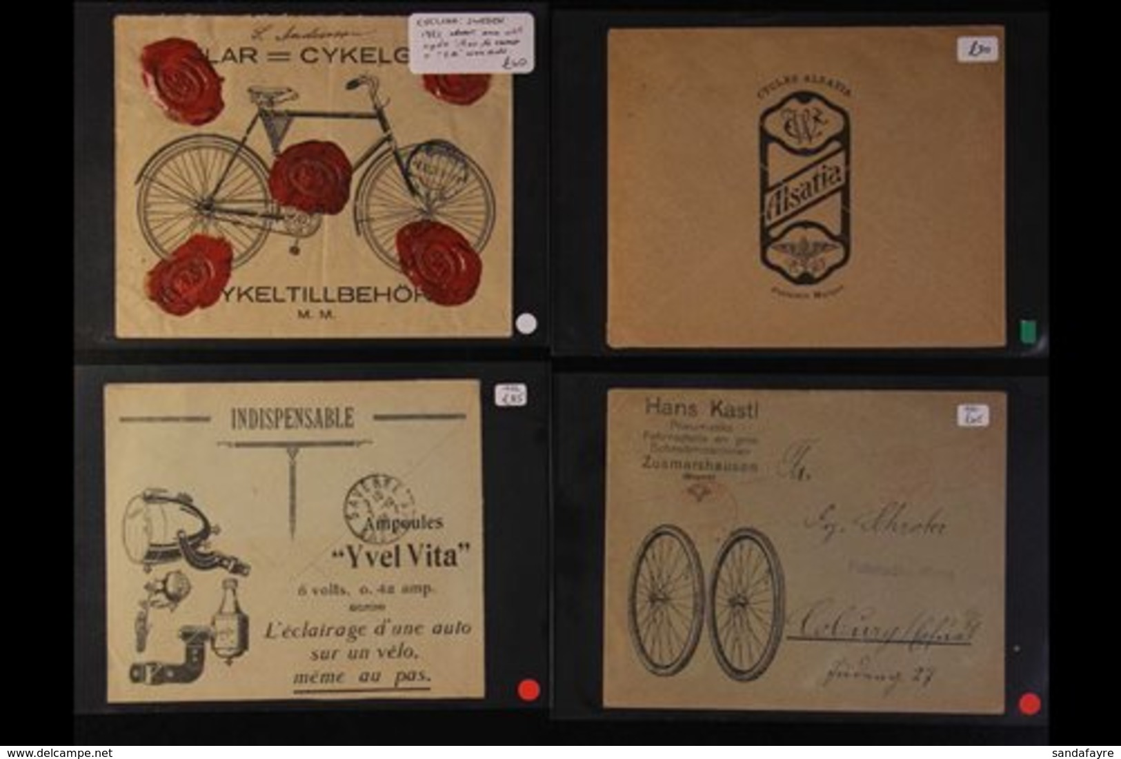 CYCLING Group Of ADVERTISING ENVELOPES With Four Illustrated Envelopes With Bicycle Wheels, Accessories, Bicycle And Log - Unclassified