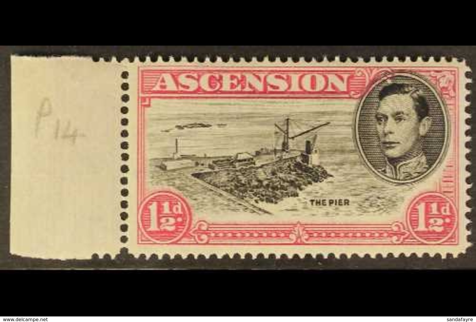 1938-53 1½d Black & Rose-carmine Perf 14 CUT MAST AND RAILINGS Variety (position R. 3/1), SG 40db, Never Hinged Mint Mar - Ascension