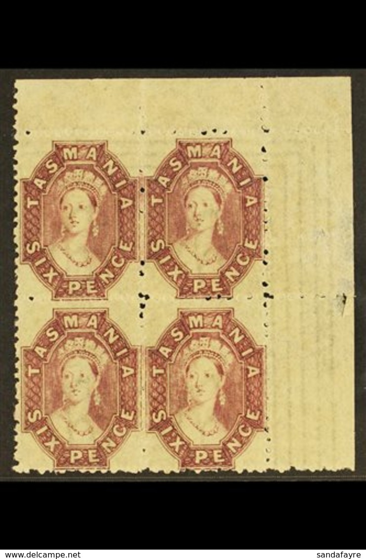 TASMANIA 1863-71 6d Reddish- Mauve Perf 12, SG 76, Superb Never Hinged Mint BLOCK OF FOUR From The Upper Right Corner Of - Other & Unclassified