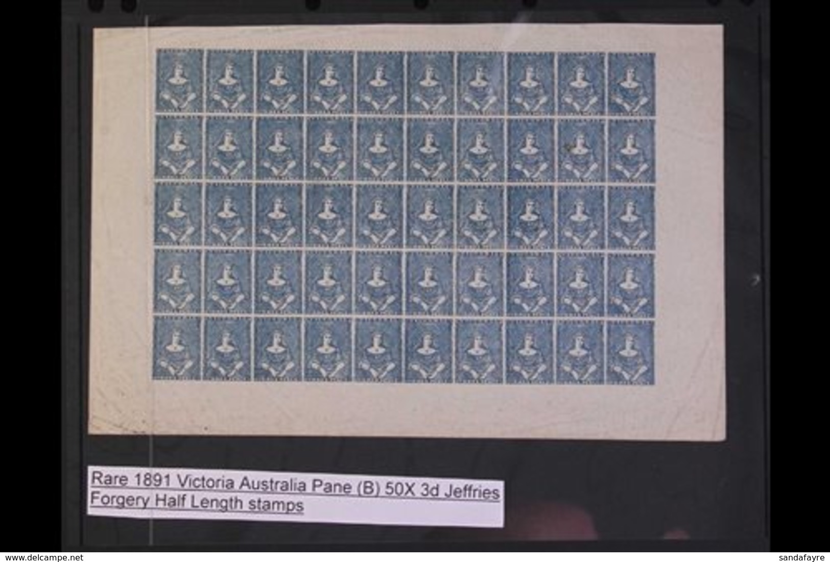 VICTORIA FORGERY Queen Victoria "Half Length" 3d Blue Imperf (as SG 4 Etc.) - A COMPLETE PANE OF FIFTY ( 10 X 5) On Ungu - Other & Unclassified