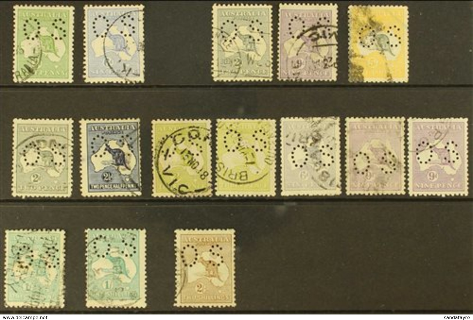 OFFICIALS 1914 - 1928 USED SELECTION Of Punctured "OS" On Kangaroos Incl 1914 ½d And 6d, 1915 2d Grey, 9d Violet And 5s  - Other & Unclassified