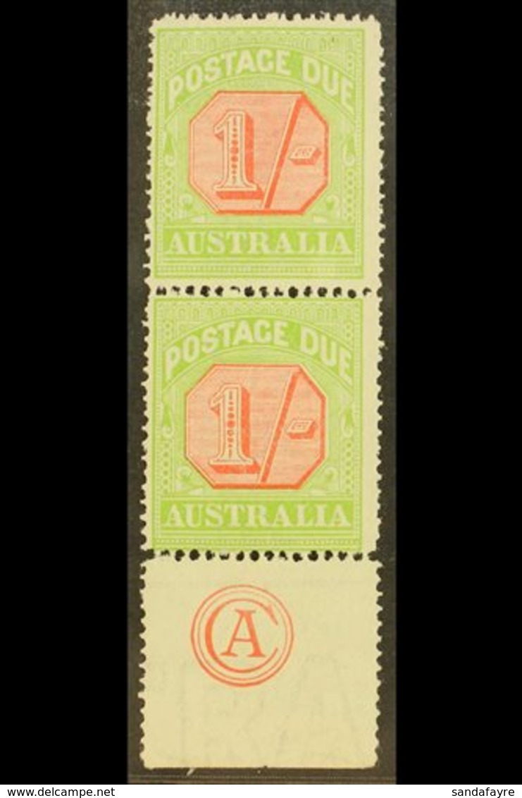 POSTAGE DUES 1913 1s Scarlet And Yellow Green, SG D85, Superb Never Hinged Mint Vertical Pair With Bottom Margin Showing - Sonstige & Ohne Zuordnung