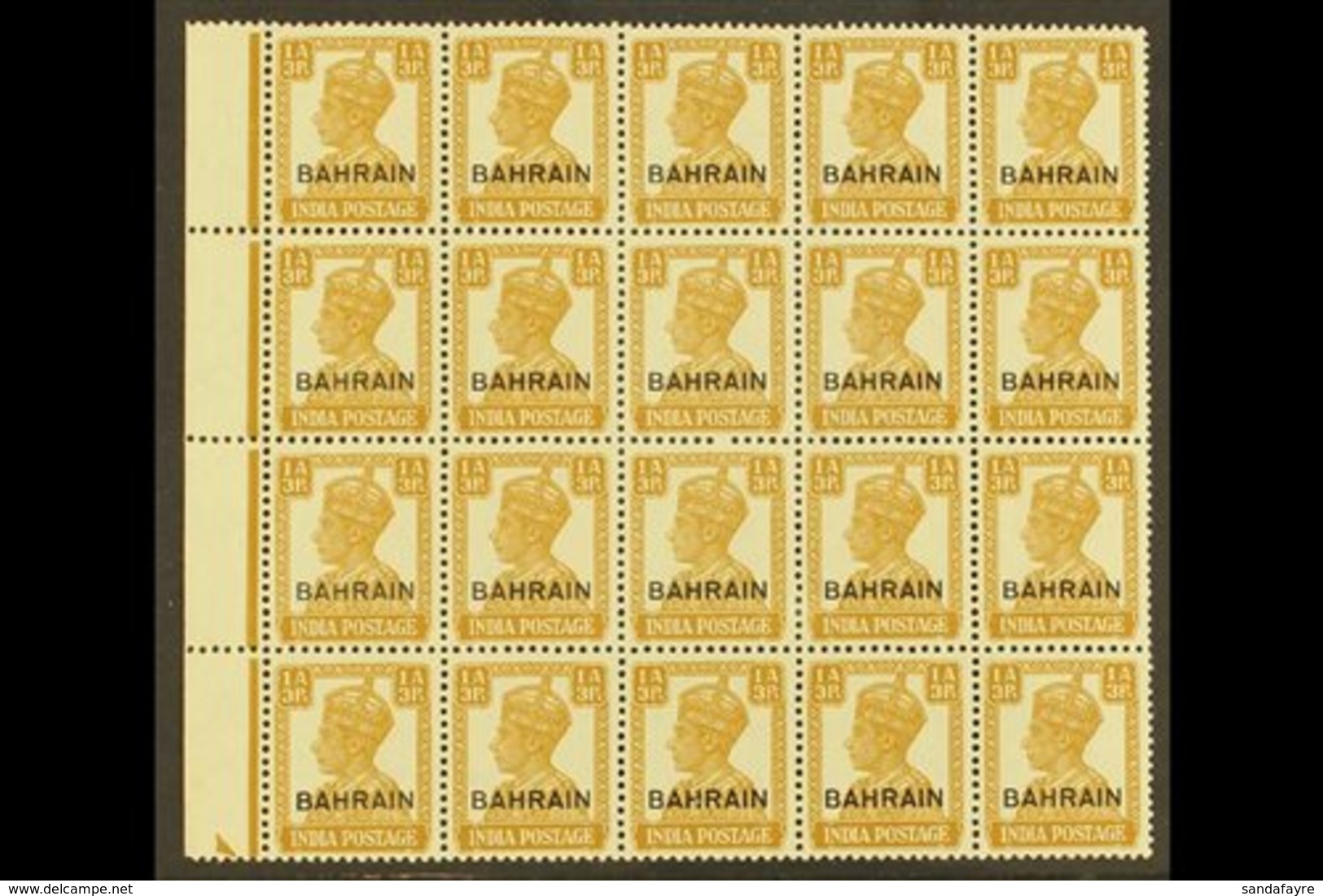 1942-45 1a3p Bistre, SG 42, Never Hinged Mint Marginal BLOCK OF 20 Stamps. Lovely (1 Block Of 20) For More Images, Pleas - Bahreïn (...-1965)
