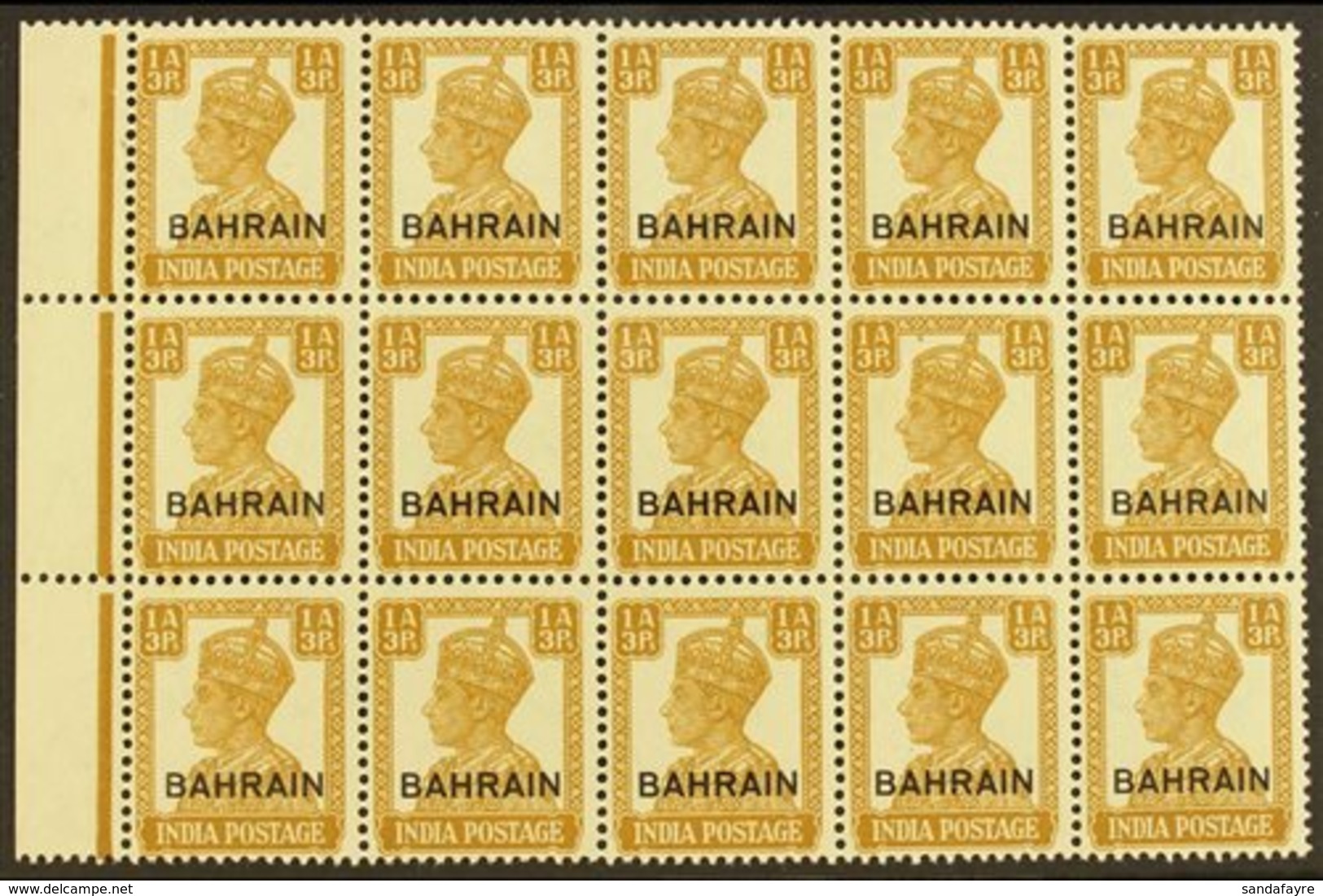 1942-45 1a3p Bistre, SG 42, Never Hinged Mint Marginal BLOCK OF 15 Stamps. Lovely (1 Block Of 15) For More Images, Pleas - Bahrain (...-1965)