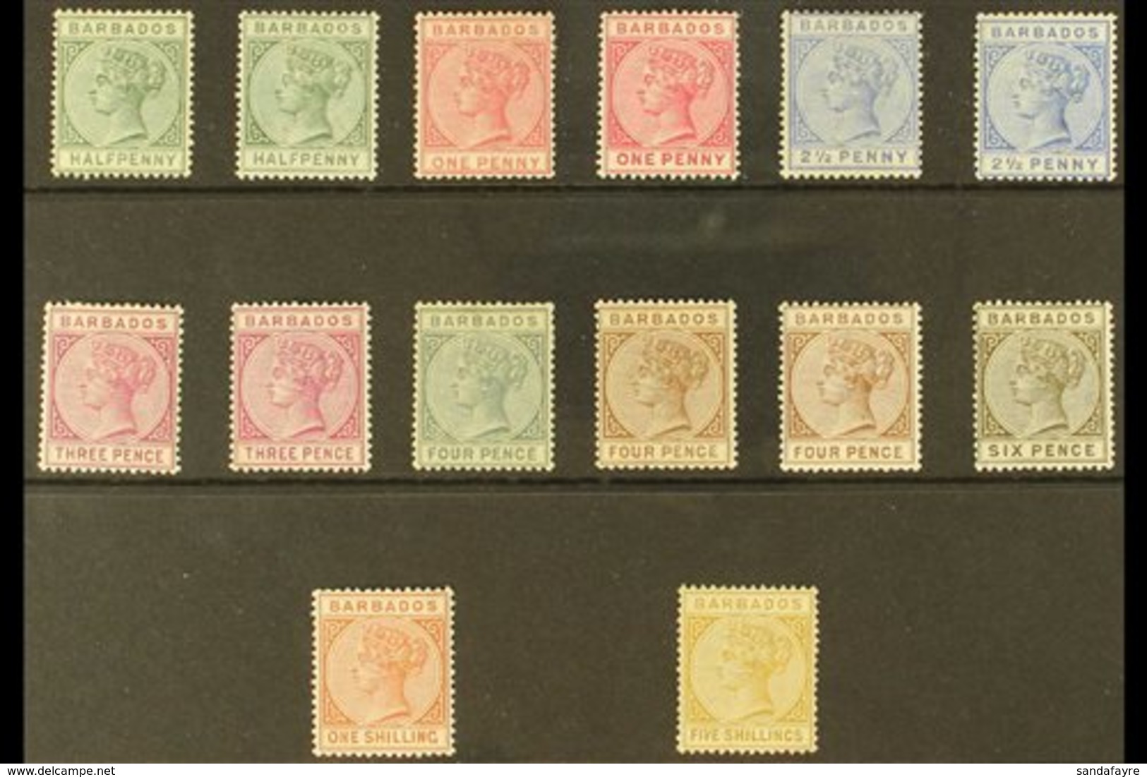 1882-86 QV Definitives Complete Set Including All The SG Listed Shades, SG 89/103, Very Fine Mint. Fresh And Attractive! - Barbados (...-1966)