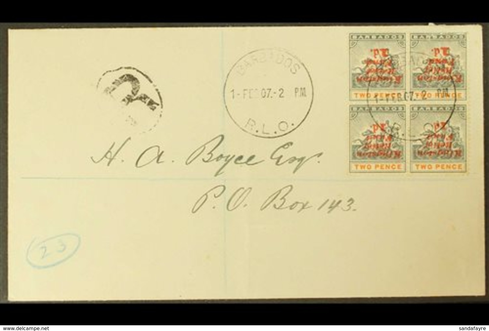 1907 KINGSTON RELIEF FUND REGISTERED COVER An Attractive Cover Bearing 1d On 2d Block Of 4 With Inverted Ovpt FROM THE F - Barbados (...-1966)