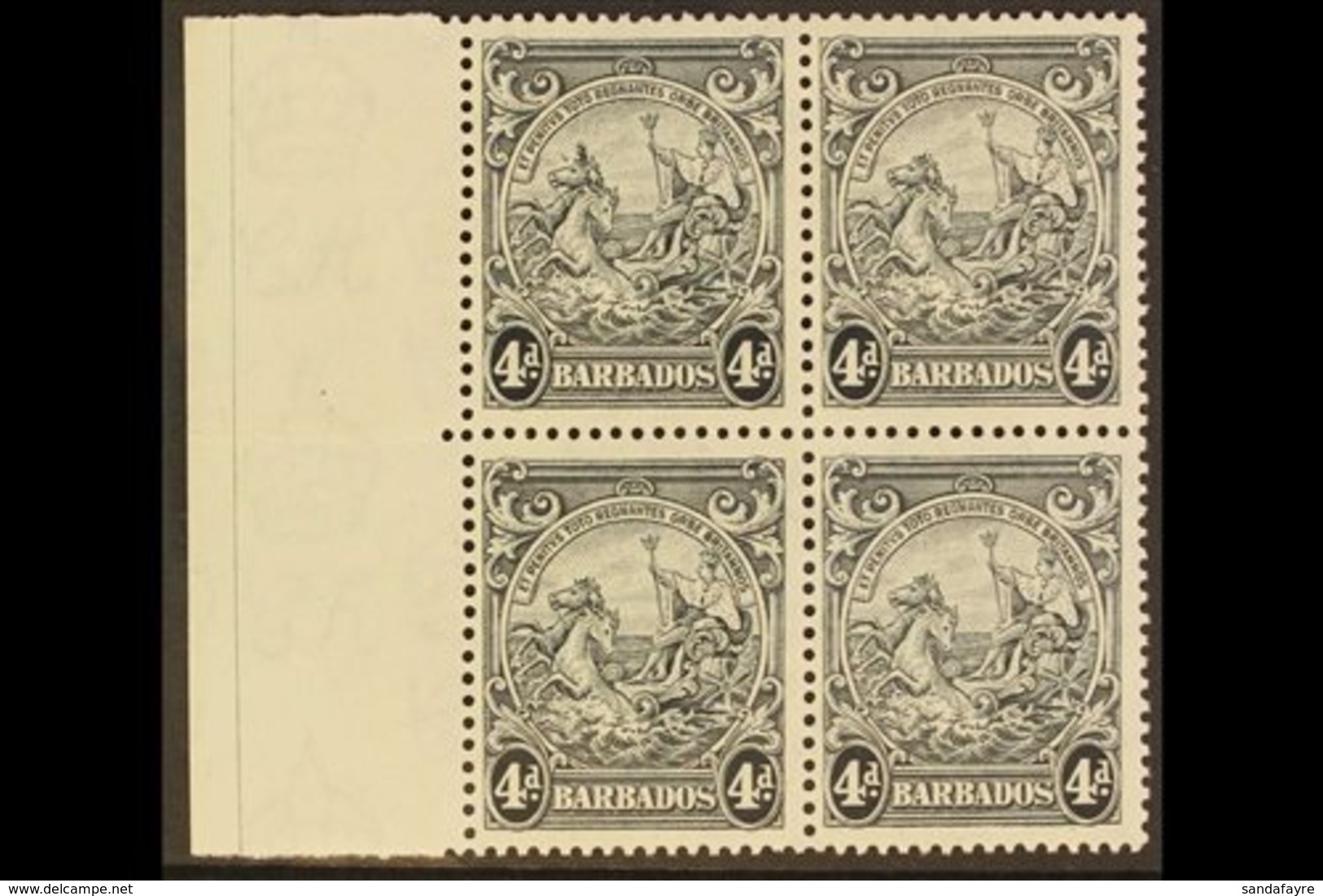 1938 4d Black Badge Of The Colony, Left Marginal Block Of Four, Position 4/1 Showing Flying Mane, SG 253a, Very Fine Min - Barbados (...-1966)