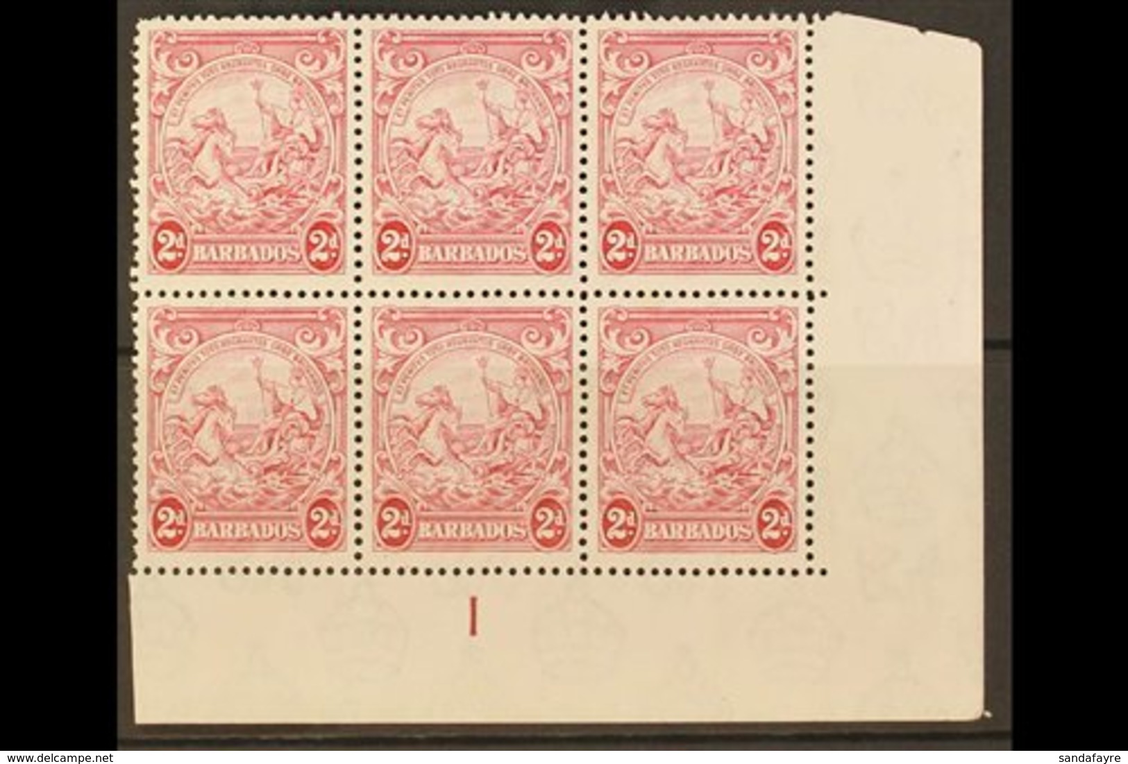 1941 2d Claret Badge Of The Colony, Lower Right Corner Plate 1 Block Of Six, Position 11/9 Showing Extra Frame Line, SG  - Barbades (...-1966)