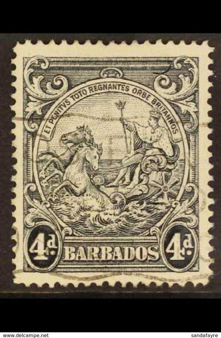 1944 4d Black Badge Of The Colony, Perf. 14, Curved Line At Top Right, SG 253db, With Light Machine Cancel, Very Scarce  - Barbados (...-1966)