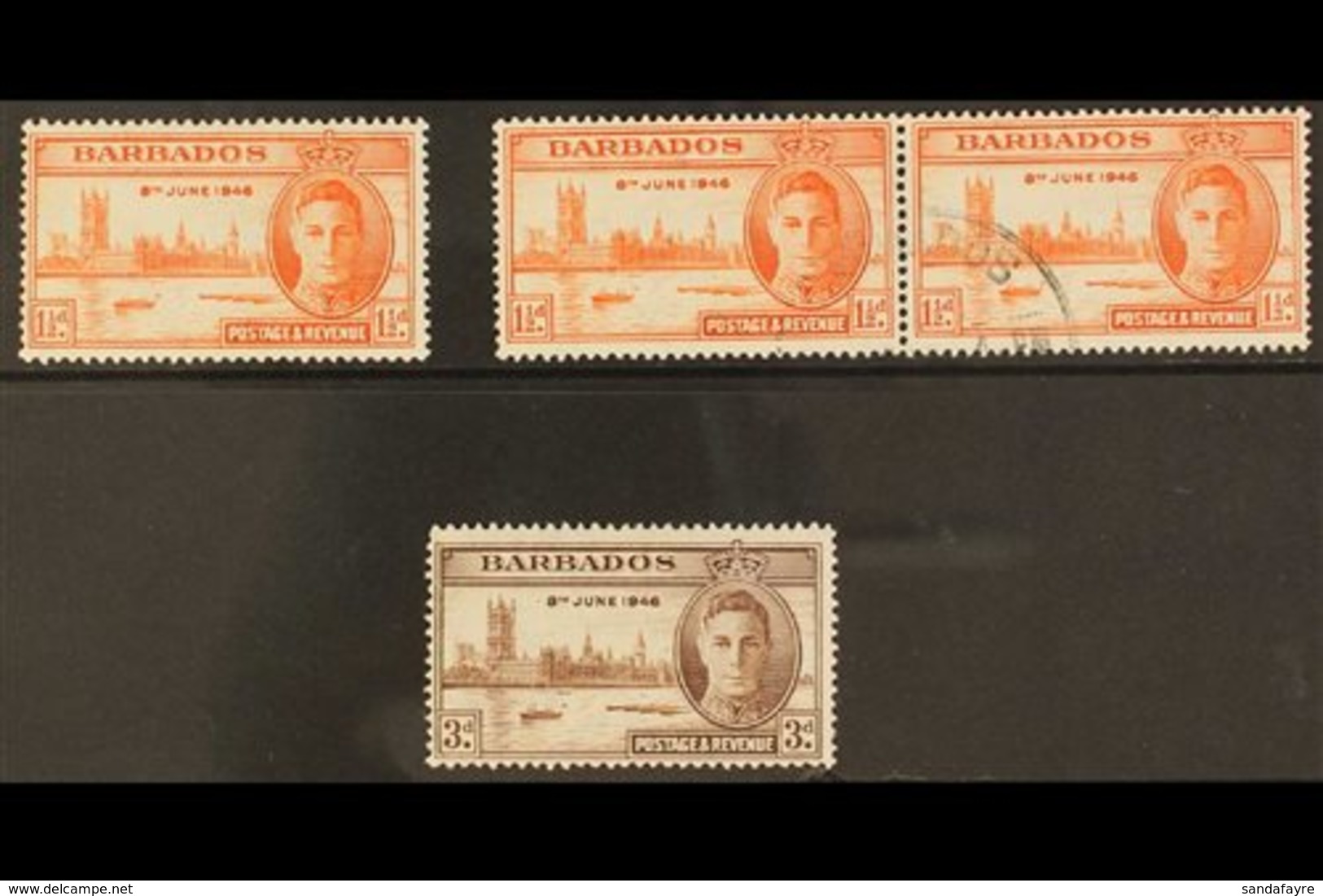 1946 Victory 1½d Red-orange Showing Two Flags On Tug, SG 262a, Fine Mint And Within A Cds Used Pair, 3d Brown Showing Ki - Barbades (...-1966)