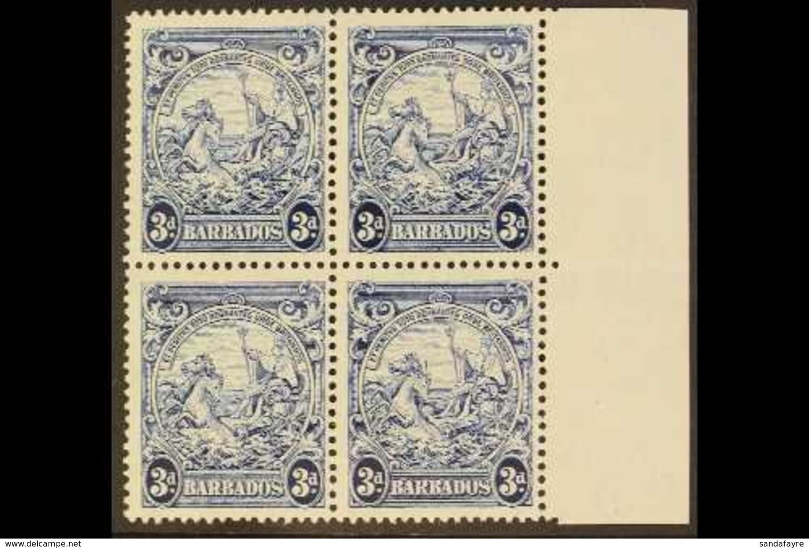 1947 3d Blue Badge Of The Colony,  Right Marginal Block Of Four, Position 4/10 showing Vertical Line Over Horse's Head,  - Barbados (...-1966)