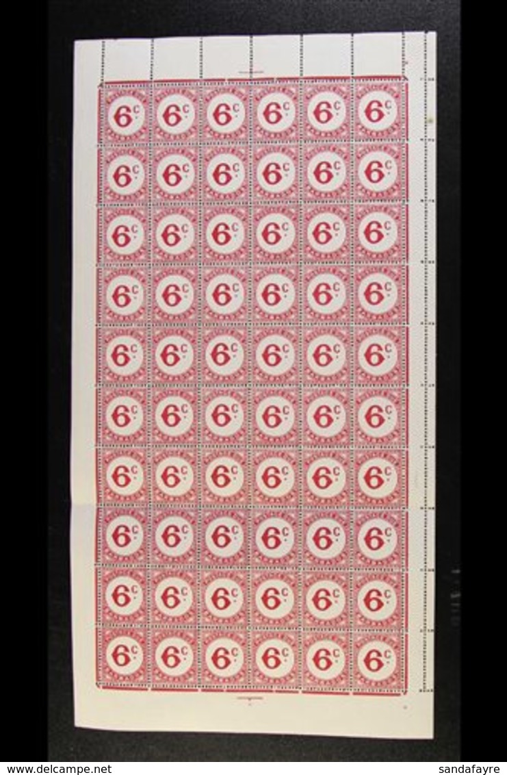 POSTAGE DUES 1950-53 6c Carmine (SG D6a) Never Hinged Mint COMPLETE PANE OF SIXTY STAMPS (6 X 10) With Margins All Round - Barbados (...-1966)