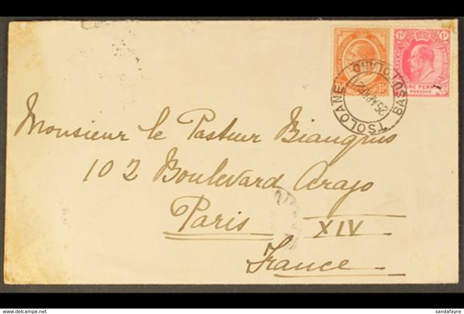 SOUTH AFRICA USED IN 1921 COVER To France, Franked With Cape KEVII 1d & Union KGV 1½d, Clear TSOLOANE Postmark Ties Both - Autres & Non Classés