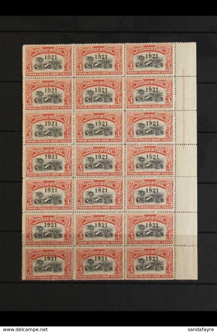 BELGIAN CONGO 1921 3f. red "1921" Overprint, COB 92, Right Marginal Block Of Twenty One (3 X 7), Showing Full Imprint, N - Other & Unclassified
