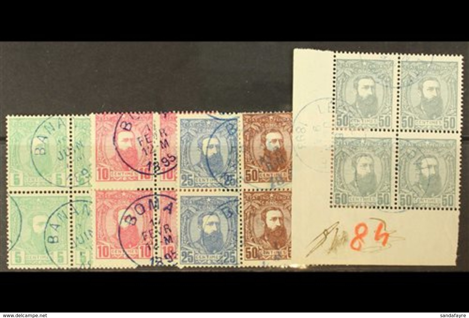 BELGIAN CONGO 1887-94 Leopold 5c, 10c, 25c And Both 50c, COB 6/10, In Fine Cds Used Blocks Of Four (the 50c Grey Being A - Other & Unclassified