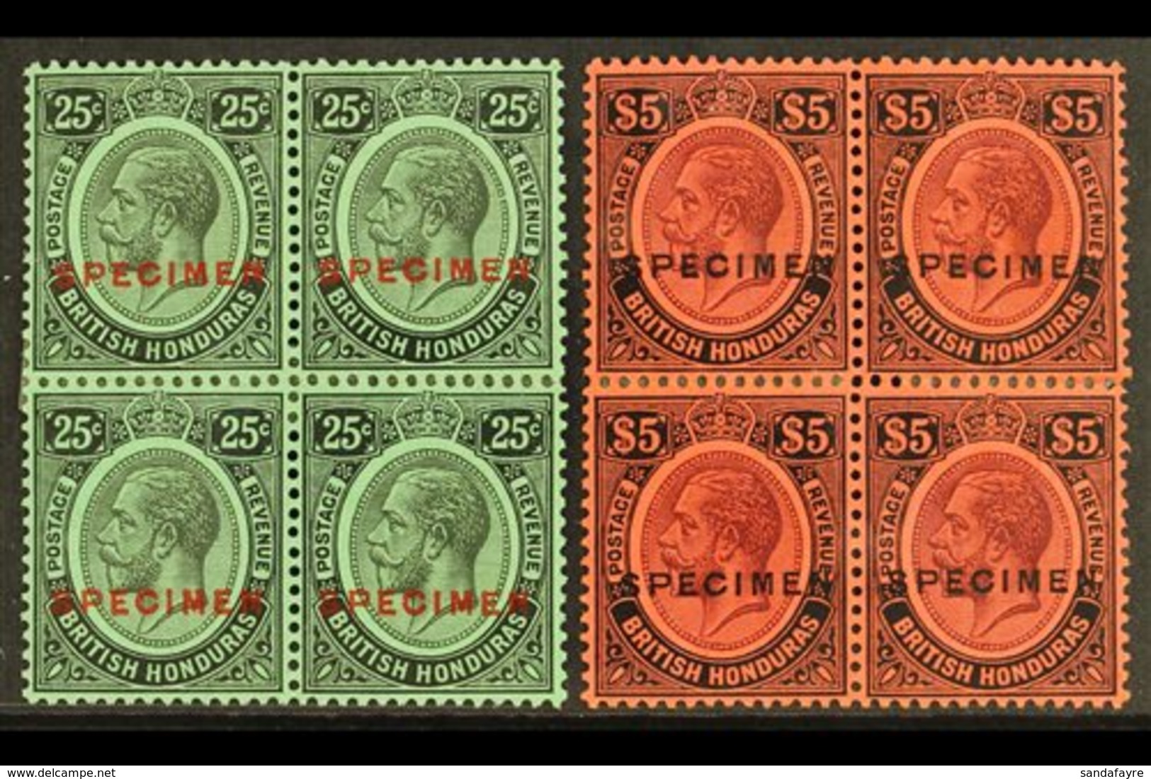 1922 25c Black On Emerald Overprinted "Specimen" In Red And $5 Purple And Black On Red Ovptd "Specimen" In Black, SG 124 - Honduras Britannique (...-1970)