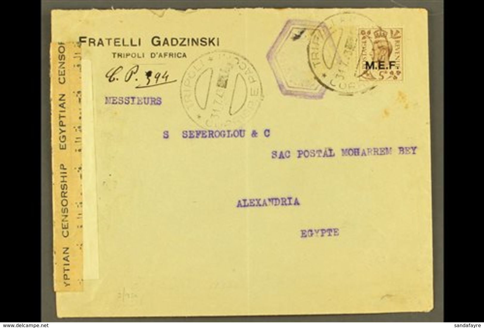 TRIPOLI 1943 Censored Commercial Cover To Egypt, Franked With KGVI 5d "M.E.F." Ovpt, Clear Tripoli 31.7.43 C.d.s. Postma - Italienisch Ost-Afrika