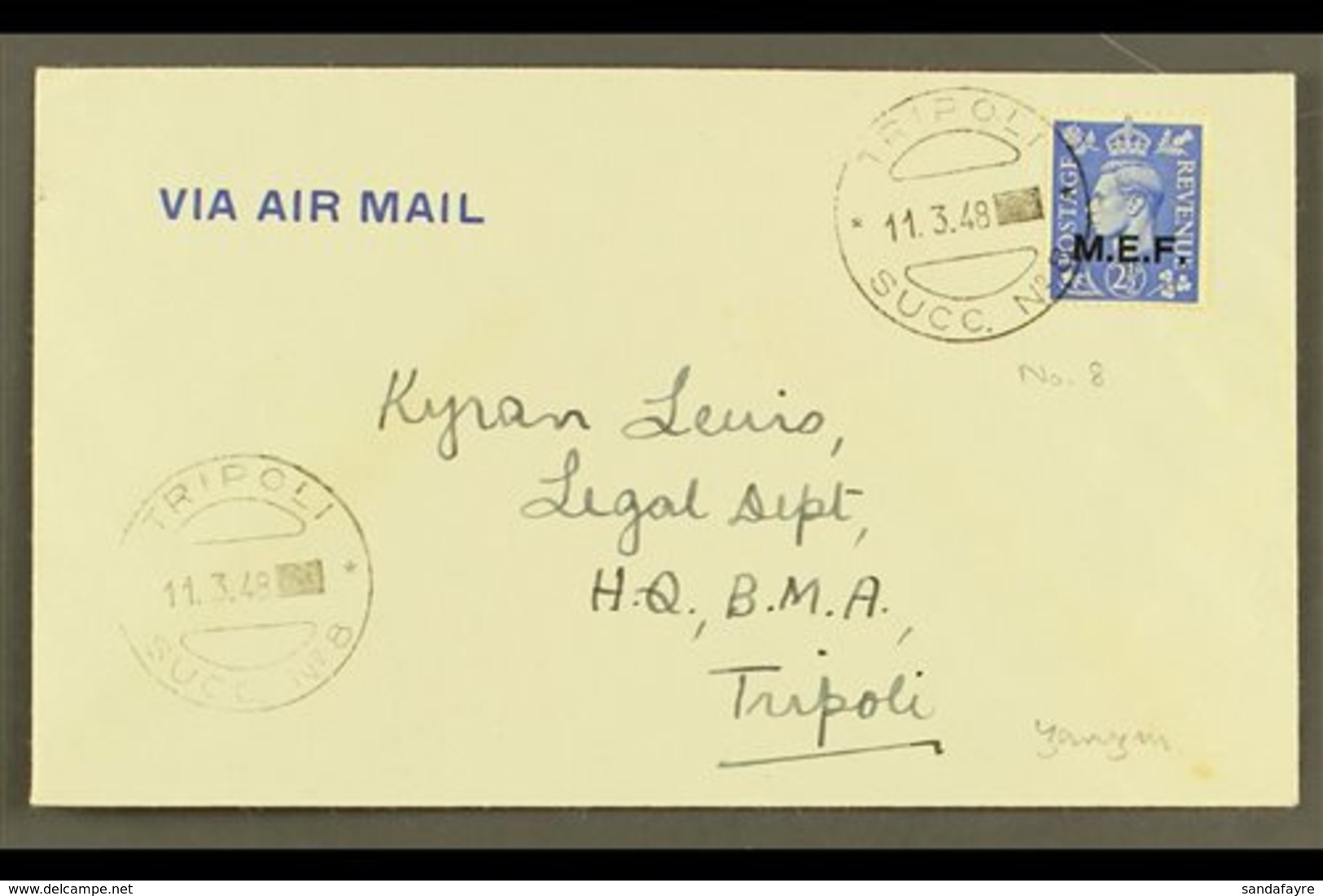 TRIPOLI 1948 Plain Airmail Cover, Local Address, Franked With KGVI 2½d "M.E.F." Ovpt, SG M13, Clear "Tripoli Succ. No.8" - Italian Eastern Africa