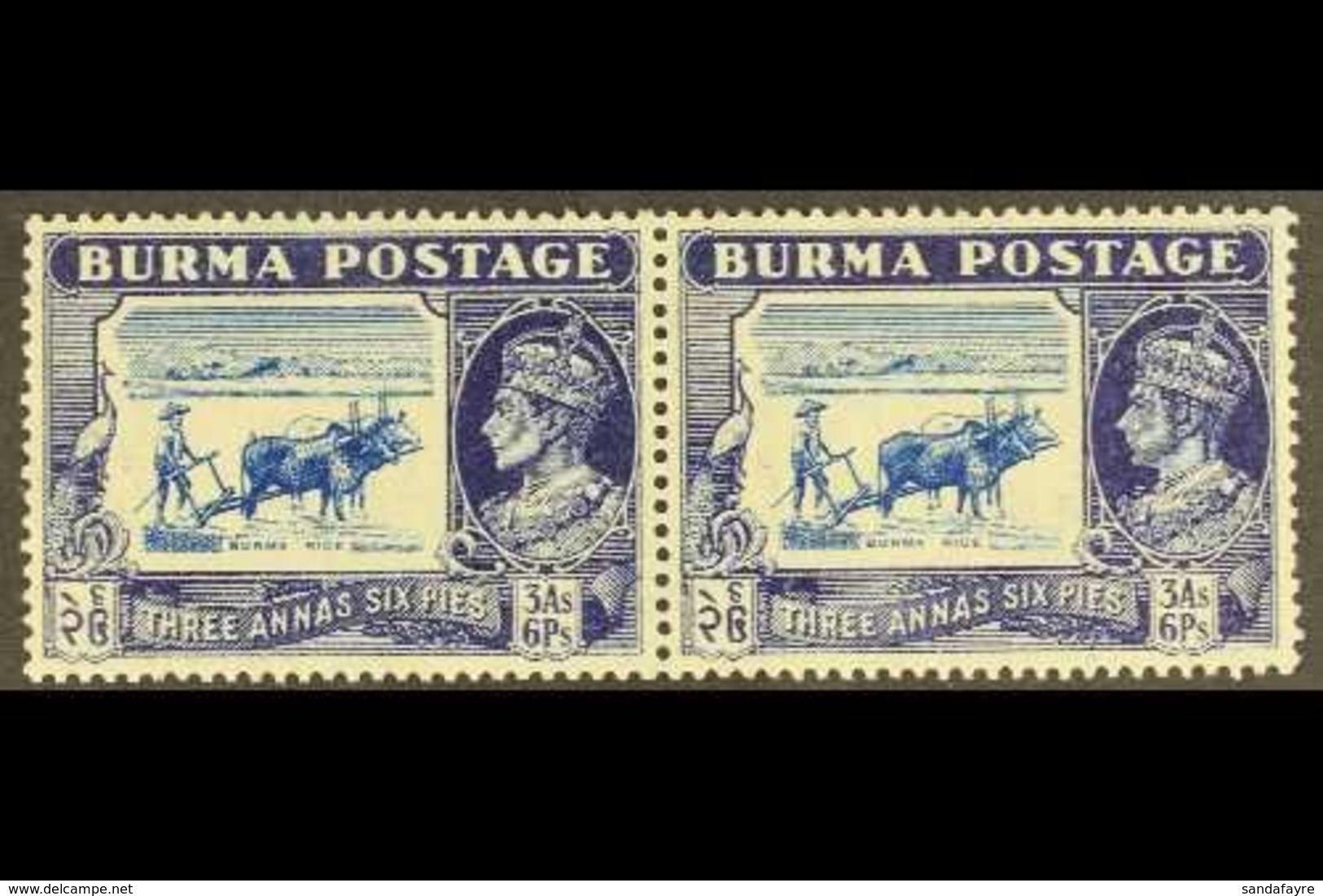 1938-40 3a6p Light Blue And Blue Pair With + Without TICK BIRD VARIETY, SG 27b+27, Very Fine Mint (pair) For More Images - Burma (...-1947)