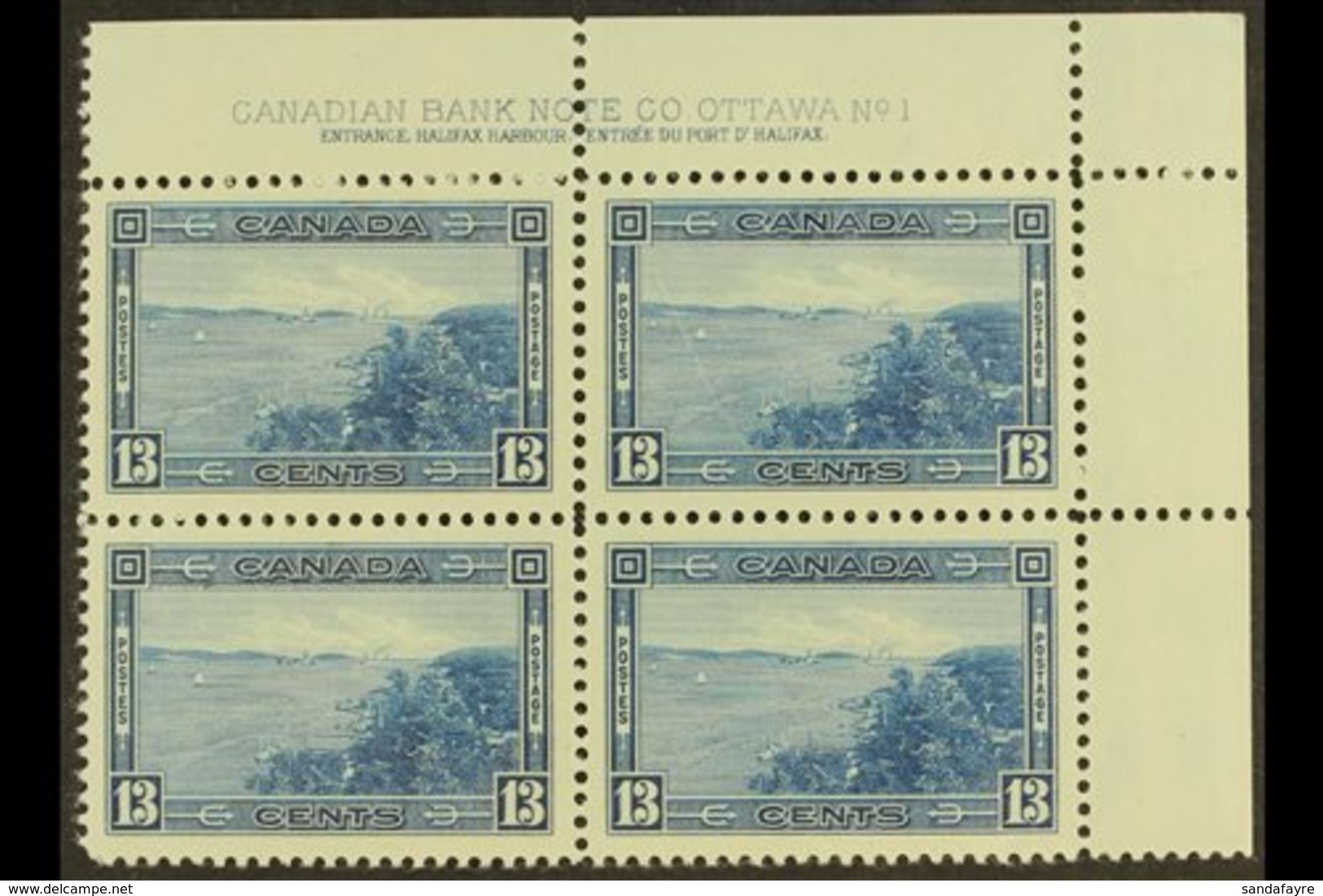 1937-8 13c Blue, Halifax Harbour, Top Right Plate Block Of Four, SG 364, Never Hinged Mint. For More Images, Please Visi - Autres & Non Classés