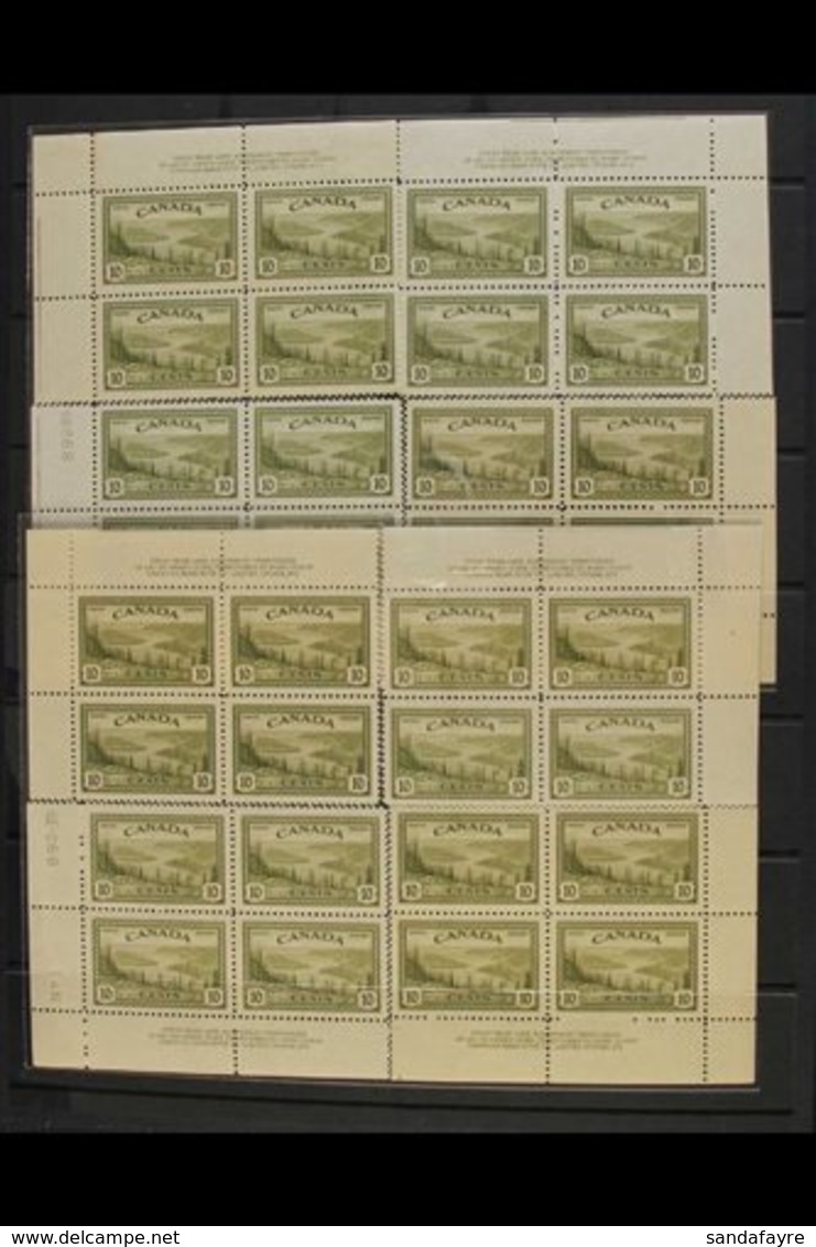 1946 10c Olive Green, Great Bear Lake, SG 402, Plates 1 & 2, Imprint Corner Blocks For All 4 Corners, Very Fine Mint. (8 - Other & Unclassified