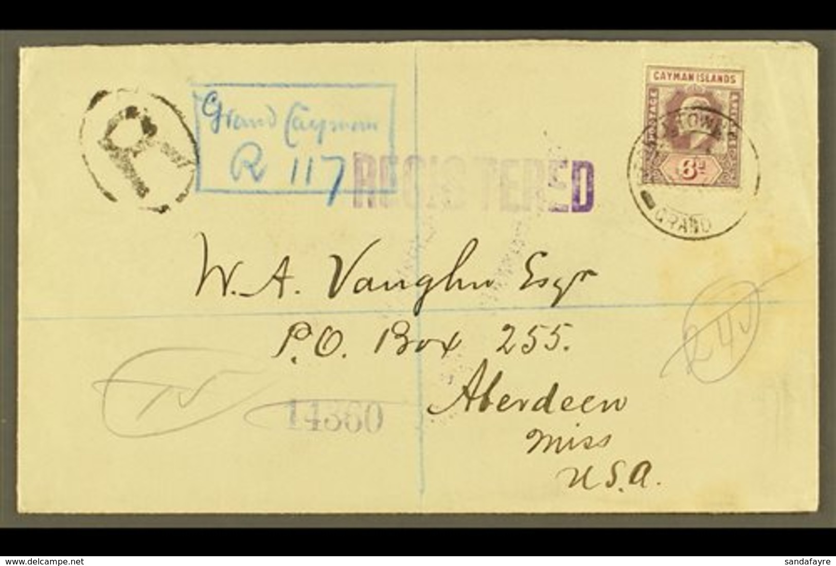 1916 (24 Jan) Registered Cover To USA, Bearing 1907-09 6d Stamp (SG 30) Tied By "George Town" Cds, With Registration Cac - Cayman Islands