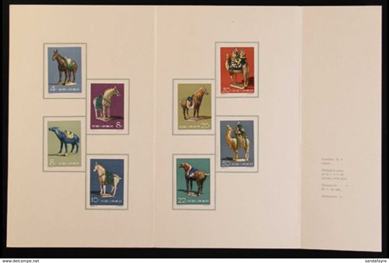 1961 Tang Dynasty Pottery PRESENTATION FOLDER With The Complete Unused Set Partially Affixed Within. Illustrated In Gree - Autres & Non Classés