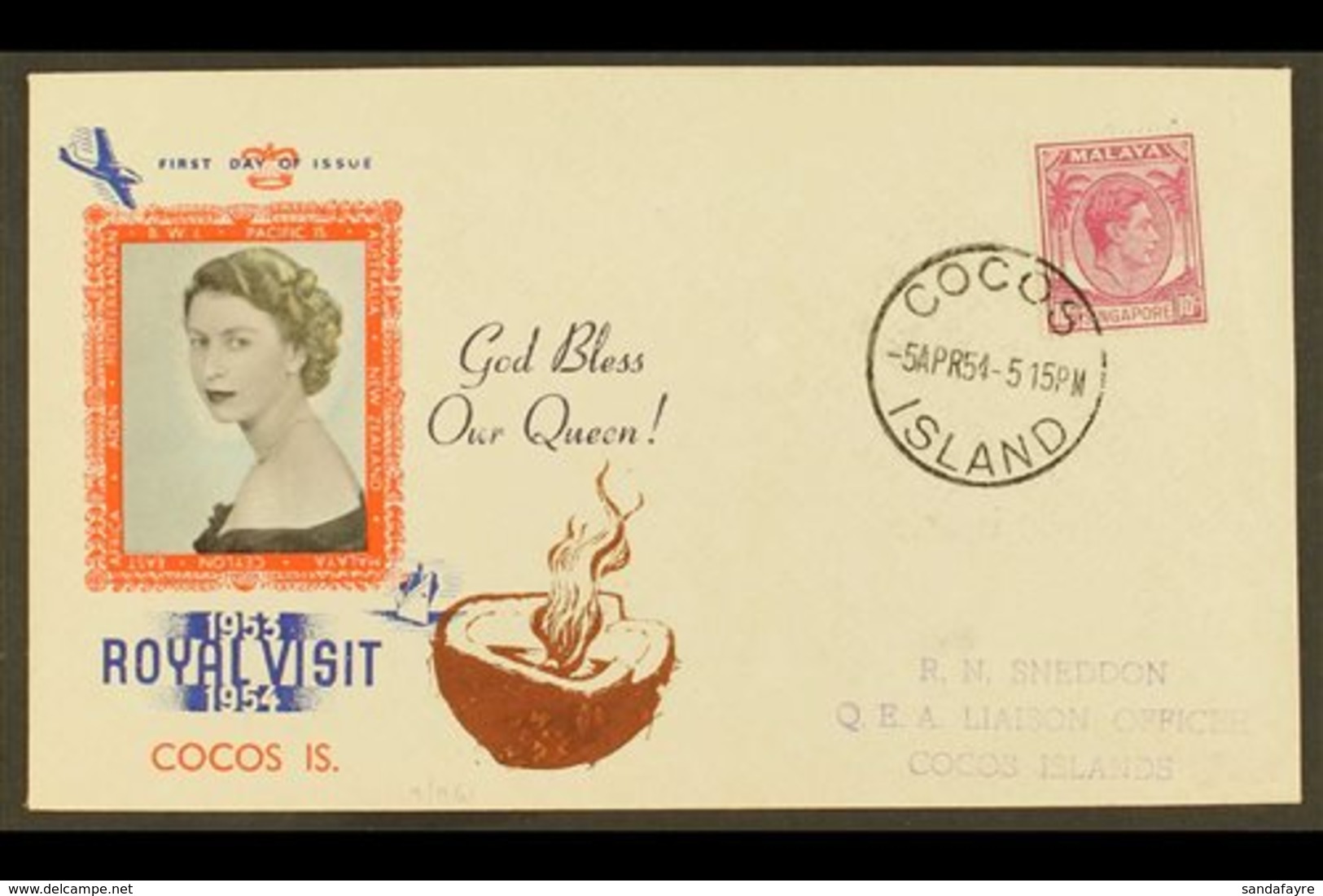 SINGAPORE USED IN 1954 (5th April) Neat Printed Royal Visit Cover, Bearing KGVI 10c Purple, SG 22, Tied By Crisp Cocos I - Cocos (Keeling) Islands