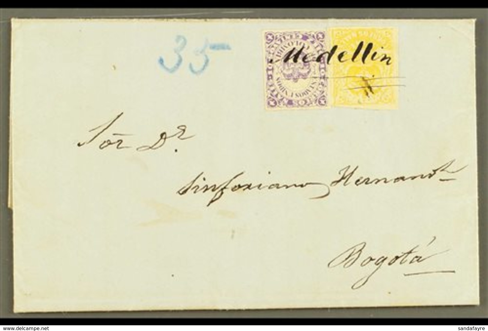 1871 (4 DEC) ENTIRE LETTER From Medellin To Bogota Bearing 1868 10c Violet Type II, Scott 54c, And 1870 5c Yellow, Scott - Colombie