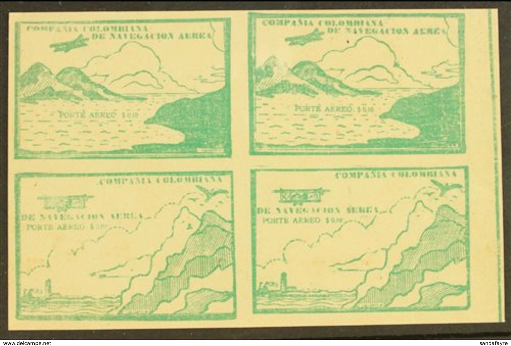 PRIVATE AIRS - COMPANIA COLOMBIANA DE NAVEGACION AREA 1920 (Oct) 10c Green "Sea And Mountains" And "Cliffs And Lighthous - Colombia