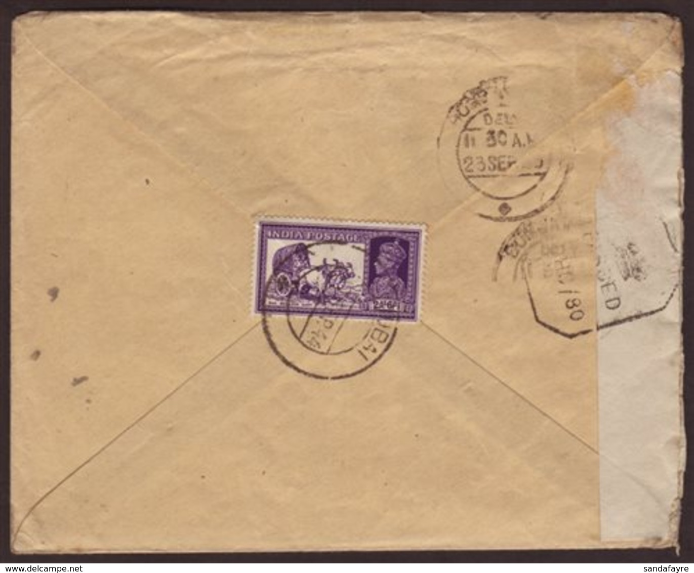 1944 INDIA USED IN: (17th September) Envelope To Bombay, Bearing On The Flap KGVI 2a 6p Violet, Tied By Crisp DUBAI Cds  - Dubai