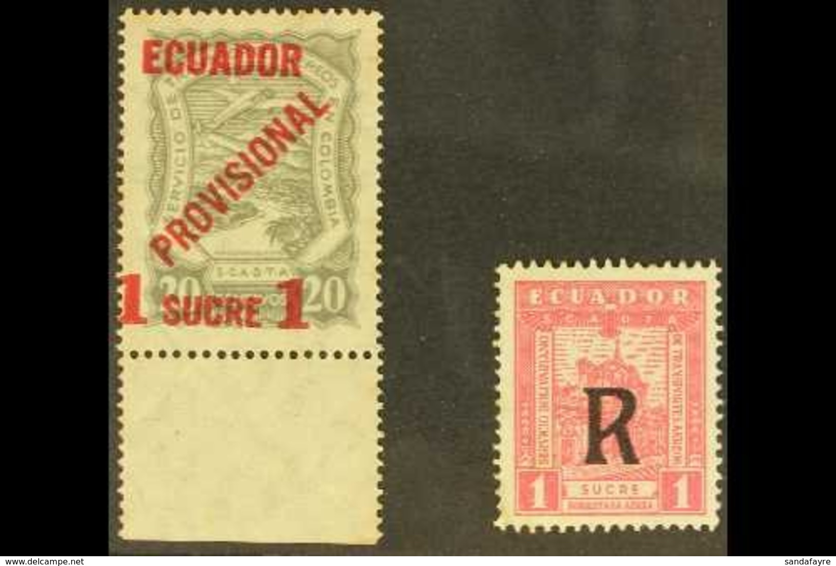 SCADTA AIR ISSUES 1928 "Provisional" 1s On 20s Grey (Scott C3, Mi 3), Plus 1929 Air Post Registration 1s (Scott CF2, Mi  - Equateur