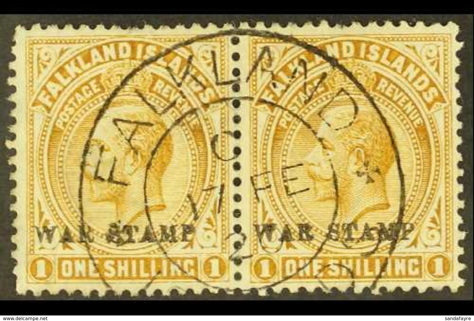 1918-20 "WAR STAMP" 1s Pale Bistre-brown, SG 72a, Horizontal Pair With Very Fine Fully Dated Cds, Couple Of Shortish Per - Falkland Islands