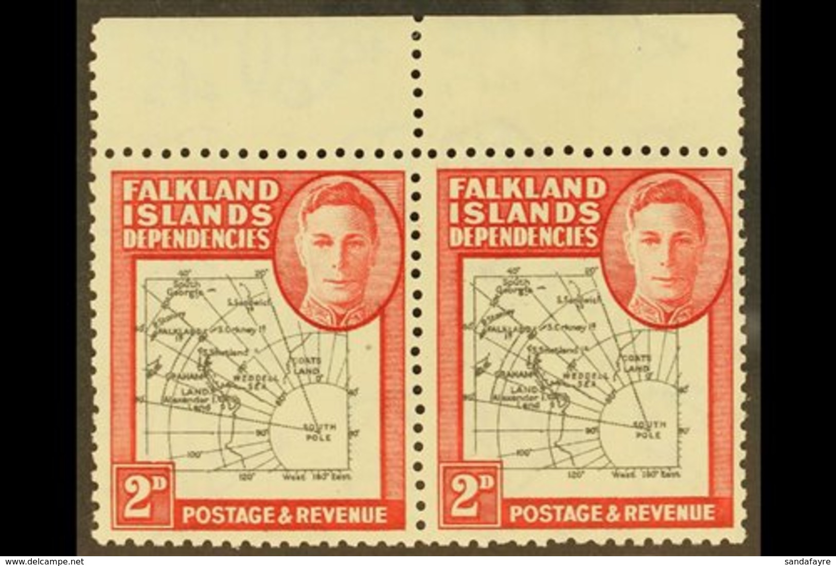 1946-49 2d Black And Carmine Thick Maps With MISSING " I " Variety In Pair With Normal, SG G3b + G3, Never Hinged Mint,  - Falkland Islands