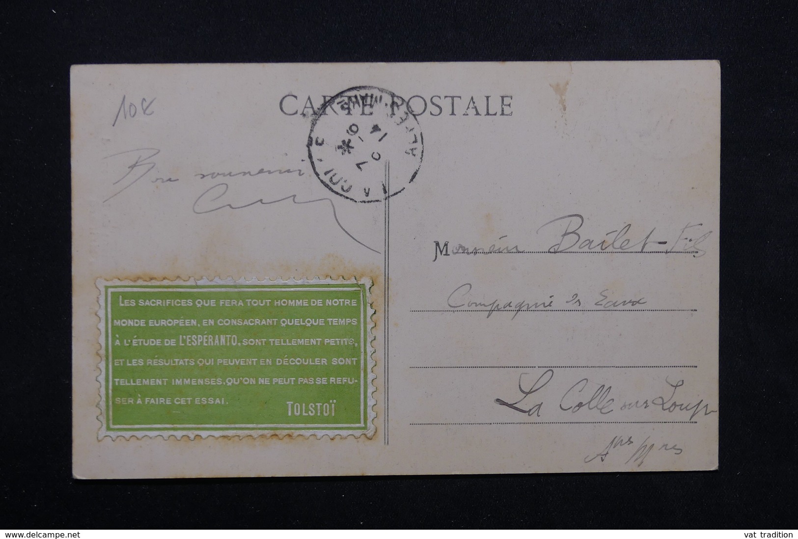 FRANCE - Vignette De Propagande De Tolstoï Sur L 'Espéranto Au Verso D 'une Carte Postale En 1914 - L 23617 - Lettres & Documents