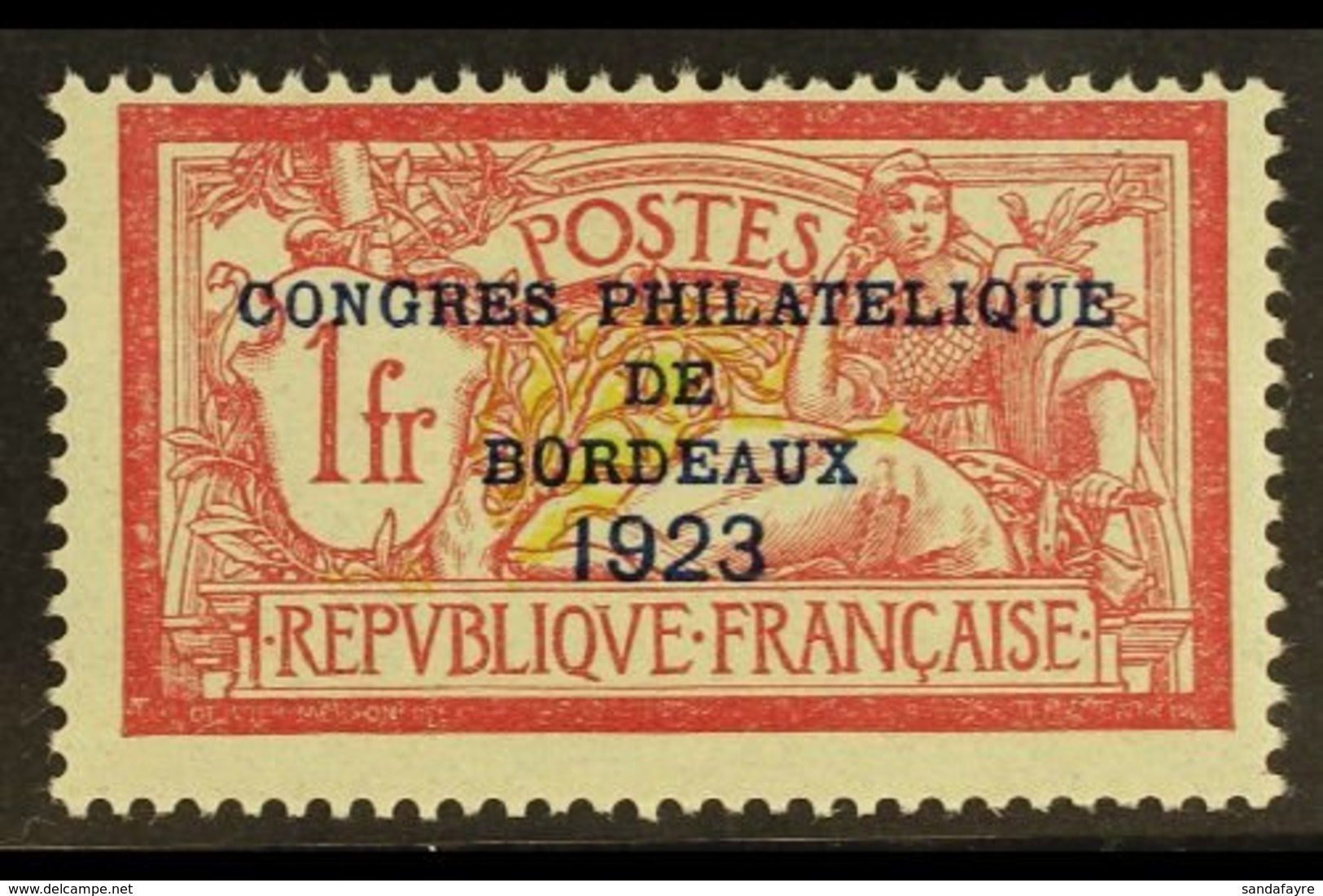 1923 1f Lake & Yellow-green Bordeaux Philatelic Congress Overprint (Yvert 182, SG 400e), Fine Mint, Centered To Top Righ - Other & Unclassified