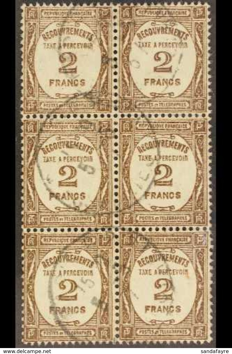 POSTAGE DUES 1927-31 2f Bistre-brown (Yvert 62, SG D461), Fine Cds Used BLOCK Of 6, Fresh & Scarce. (6 Stamps) For More  - Other & Unclassified