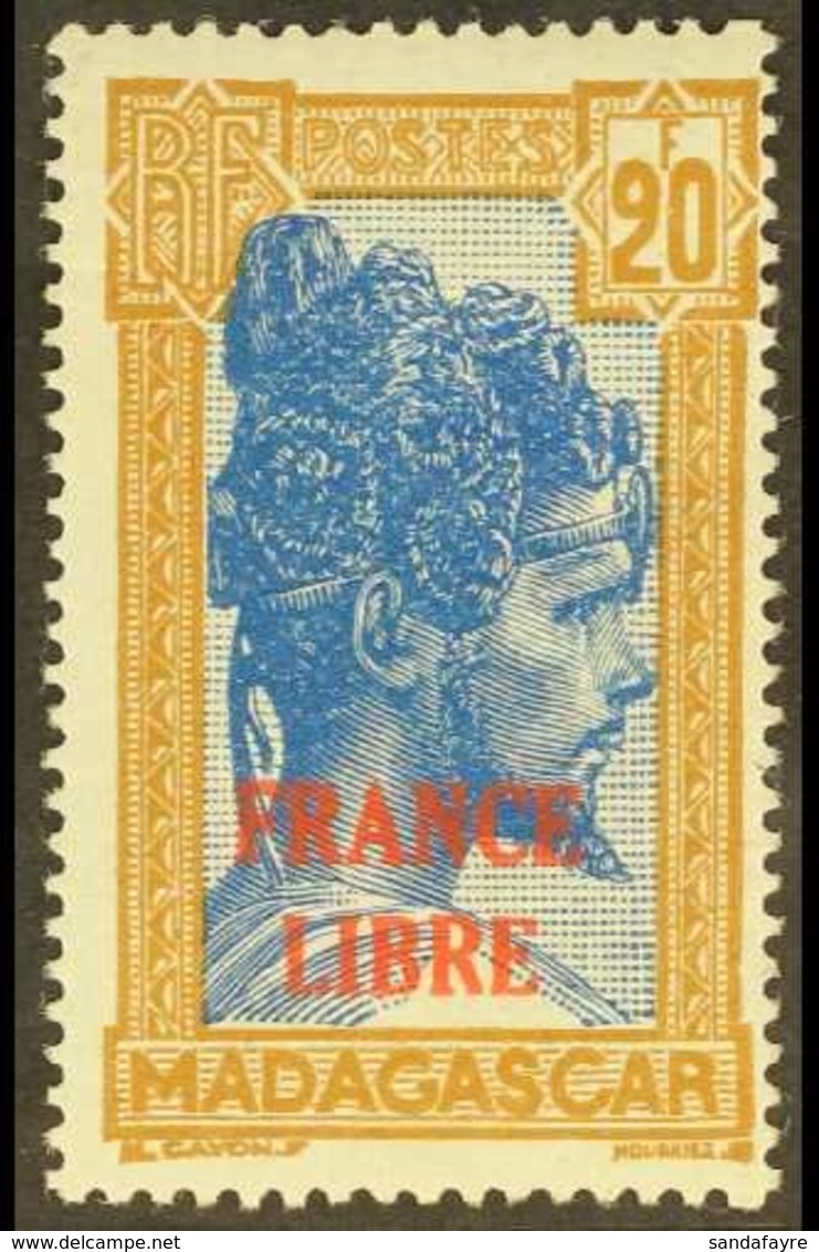 MADAGASCAR 1942. 20f Ultramarine & Yellow Brown "France Libre" Overprinted, Yv 255A, SG 243, Very Fine Mint With Lightes - Autres & Non Classés