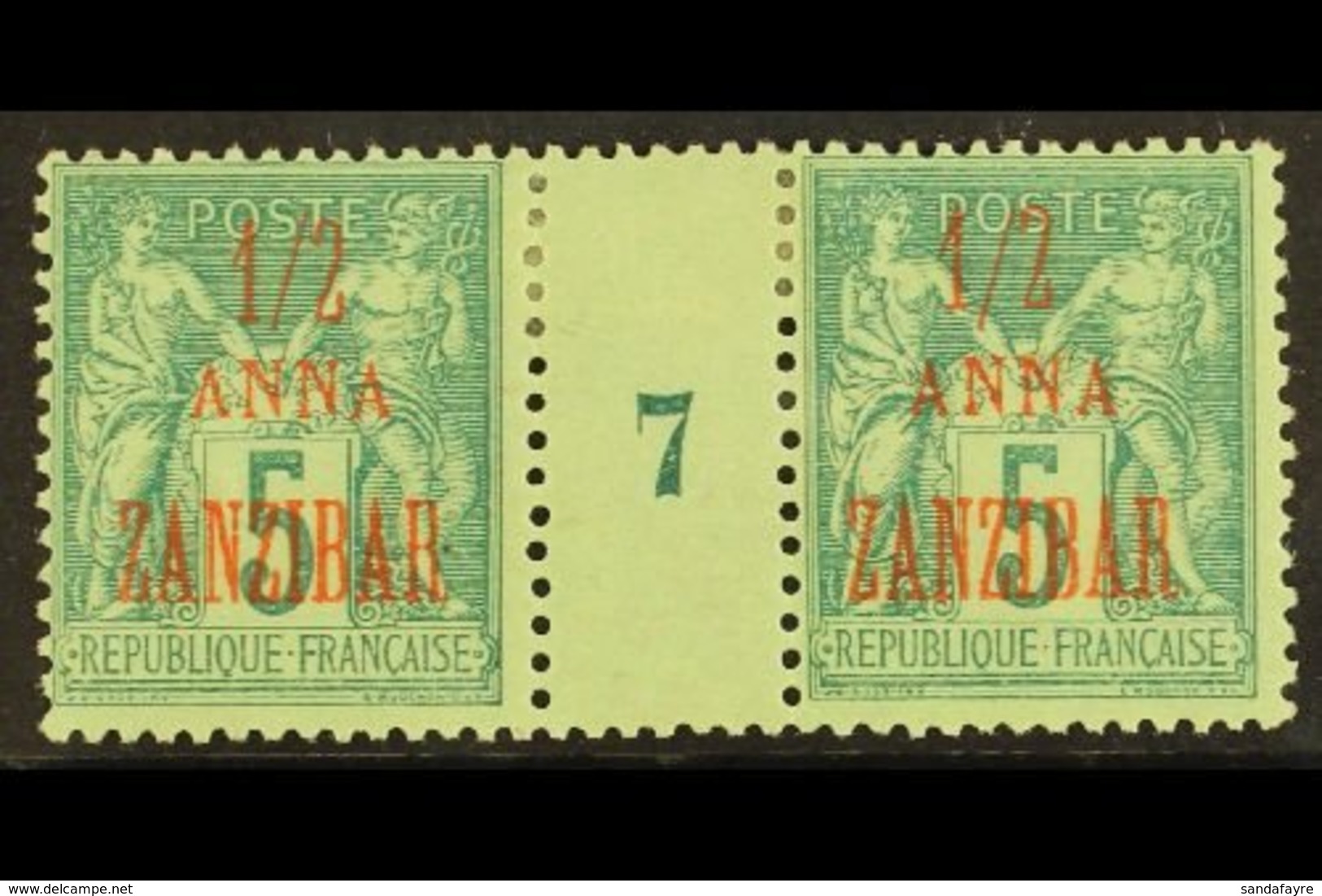 ZANZIBAR 1896-1900 ½a On 5c Green Type II (1897) MILLESIME (Number 7) PAIR, Yvert 17, Very Fine Mint For More Images, Pl - Other & Unclassified